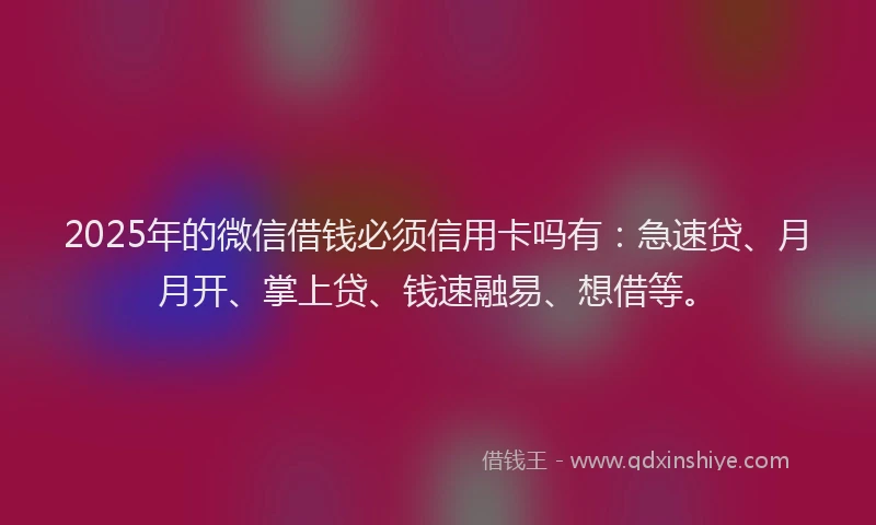 2025年的微信借钱必须信用卡吗有：急速贷、月月开、掌上贷、钱速融易、想借等。