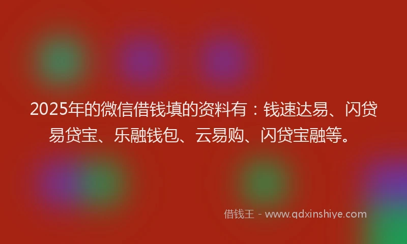 2025年的微信借钱填的资料有：钱速达易、闪贷易贷宝、乐融钱包、云易购、闪贷宝融等。