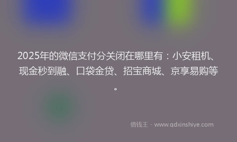 2025年的微信支付分关闭在哪里有：小安租机、现金秒到融、口袋金贷、招宝商城、京享易购等。