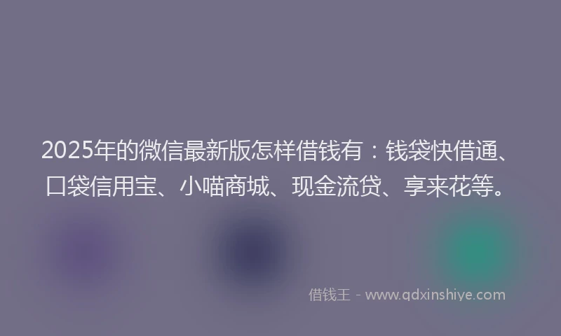 2025年的微信最新版怎样借钱有：钱袋快借通、口袋信用宝、小喵商城、现金流贷、享来花等。