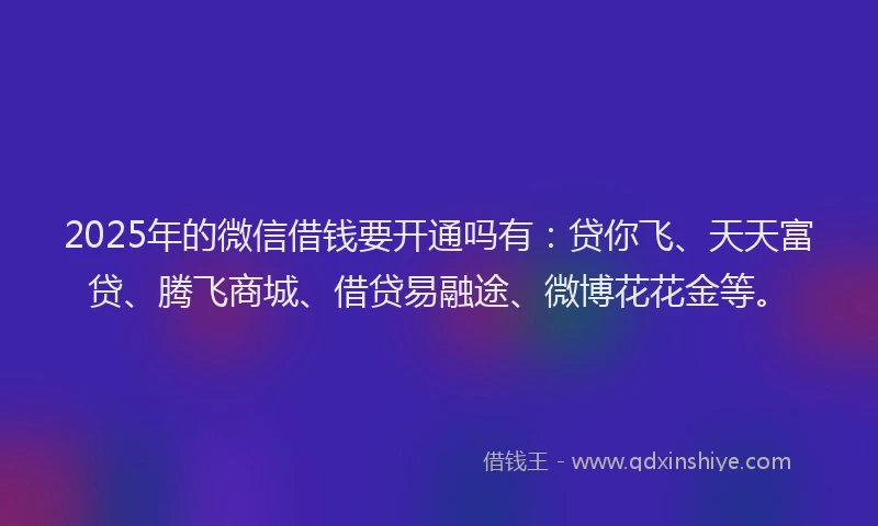 2025年的微信借钱要开通吗有：贷你飞、天天富贷、腾飞商城、借贷易融途、微博花花金等。