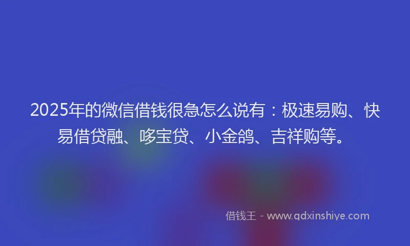 2025年的微信借钱很急怎么说有：极速易购、快易借贷融、哆宝贷、小金鸽、吉祥购等。