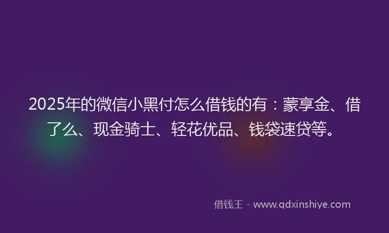 2025年的微信小黑付怎么借钱的有：蒙享金、借了么、现金骑士、轻花优品、钱袋速贷等。