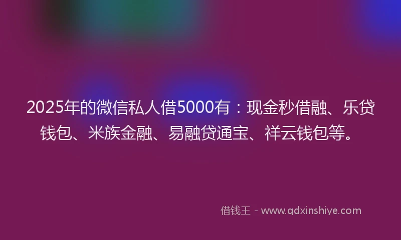 2025年的微信私人借5000有：现金秒借融、乐贷钱包、米族金融、易融贷通宝、祥云钱包等。