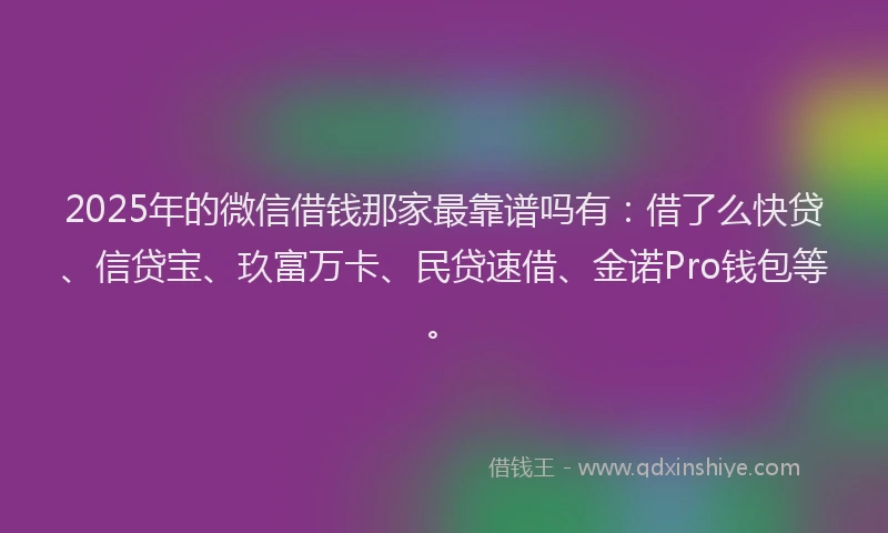 2025年的微信借钱那家最靠谱吗有：借了么快贷、信贷宝、玖富万卡、民贷速借、金诺Pro钱包等。