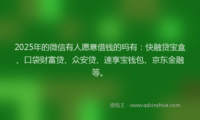 2025年的微信有人愿意借钱的吗有：快融贷宝盒、口袋财富贷、众安贷、速享宝钱包、京东金融等。
