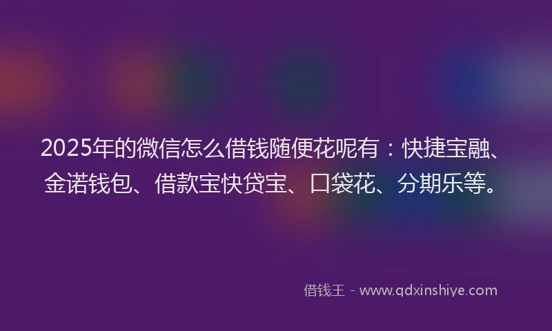 2025年的微信怎么借钱随便花呢有：快捷宝融、金诺钱包、借款宝快贷宝、口袋花、分期乐等。
