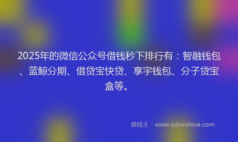 2025年的微信公众号借钱秒下排行有：智融钱包、蓝鲸分期、借贷宝快贷、享宇钱包、分子贷宝盒等。