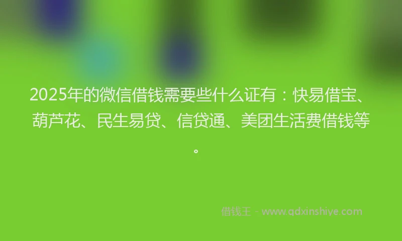 2025年的微信借钱需要些什么证有：快易借宝、葫芦花、民生易贷、信贷通、美团生活费借钱等。