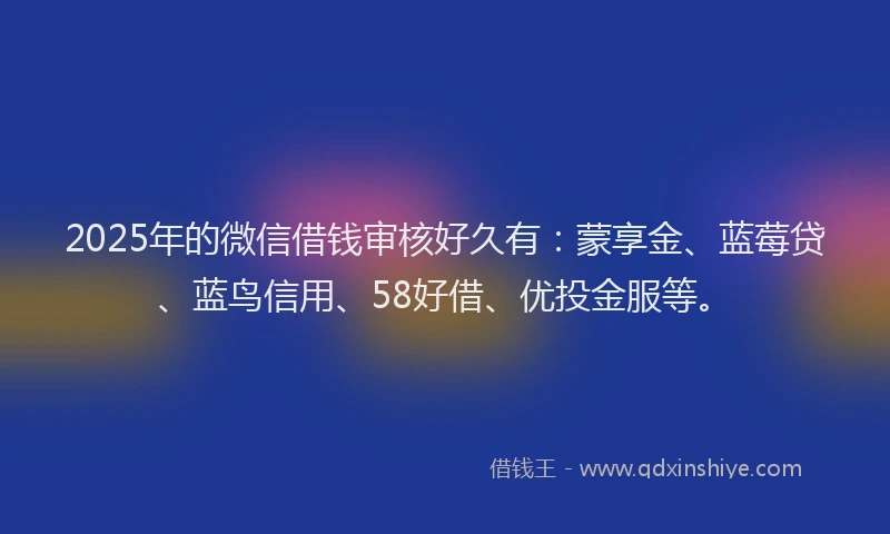 2025年的微信借钱审核好久有：蒙享金、蓝莓贷、蓝鸟信用、58好借、优投金服等。