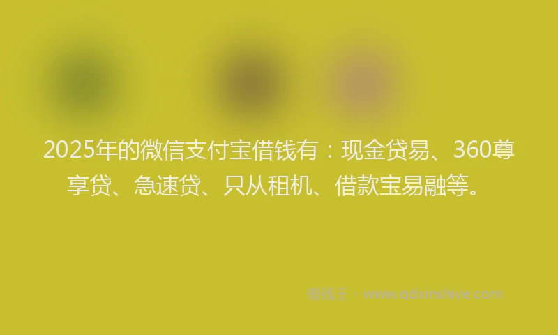 2025年的微信支付宝借钱有：现金贷易、360尊享贷、急速贷、只从租机、借款宝易融等。