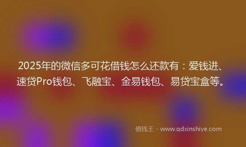 2025年的微信多可花借钱怎么还款有：爱钱进、速贷Pro钱包、飞融宝、金易钱包、易贷宝盒等。