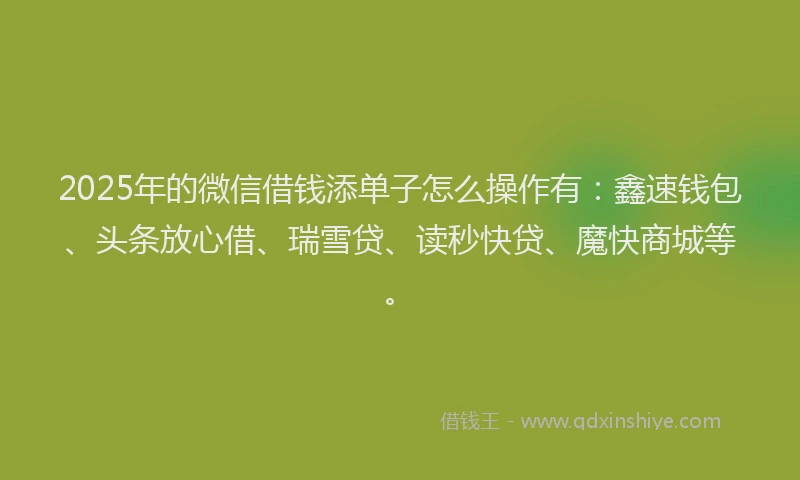 2025年的微信借钱添单子怎么操作有：鑫速钱包、头条放心借、瑞雪贷、读秒快贷、魔快商城等。