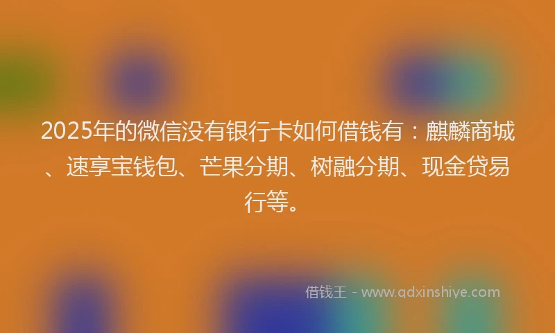 2025年的微信没有银行卡如何借钱有：麒麟商城、速享宝钱包、芒果分期、树融分期、现金贷易行等。