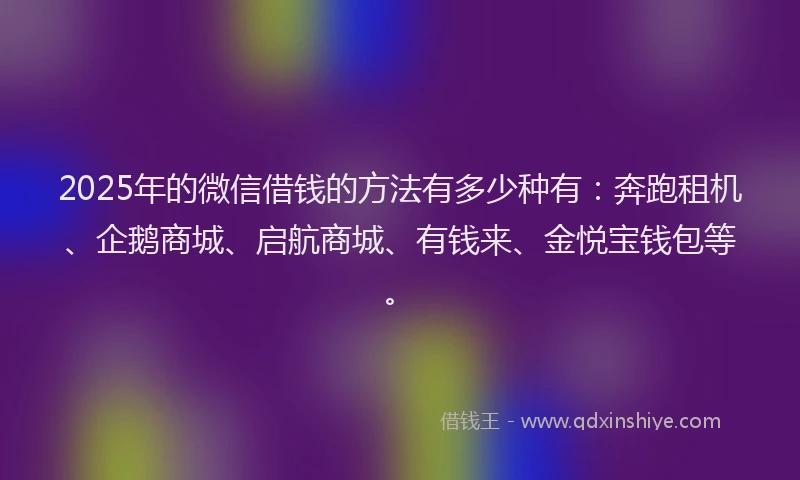 2025年的微信借钱的方法有多少种有：奔跑租机、企鹅商城、启航商城、有钱来、金悦宝钱包等。