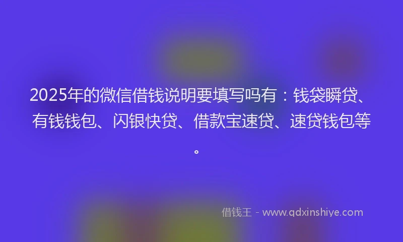 2025年的微信借钱说明要填写吗有：钱袋瞬贷、有钱钱包、闪银快贷、借款宝速贷、速贷钱包等。