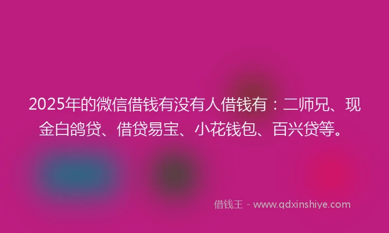 2025年的微信借钱有没有人借钱有：二师兄、现金白鸽贷、借贷易宝、小花钱包、百兴贷等。