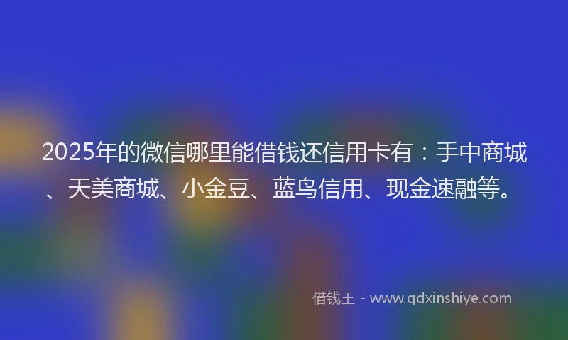 2025年的微信哪里能借钱还信用卡有：手中商城、天美商城、小金豆、蓝鸟信用、现金速融等。