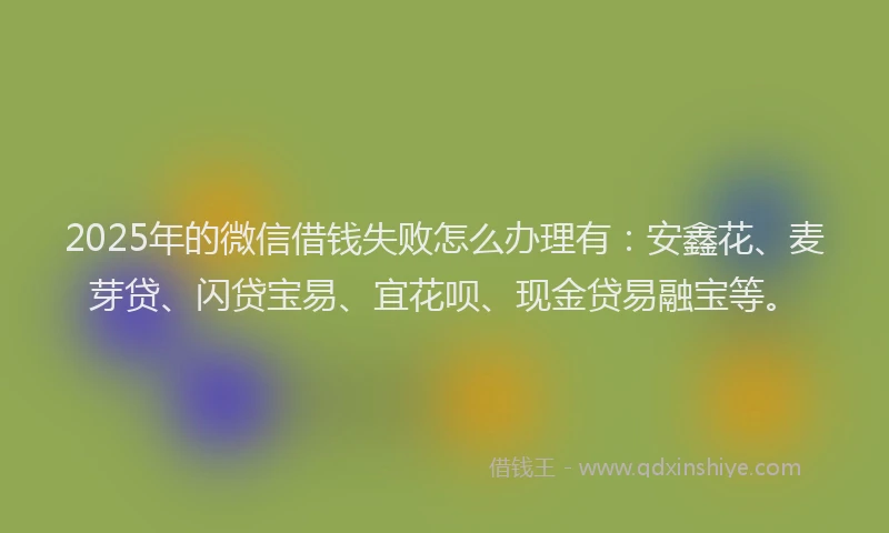 2025年的微信借钱失败怎么办理有：安鑫花、麦芽贷、闪贷宝易、宜花呗、现金贷易融宝等。