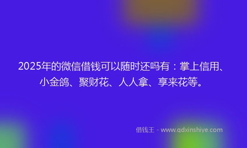 2025年的微信借钱可以随时还吗有：掌上信用、小金鸽、聚财花、人人拿、享来花等。