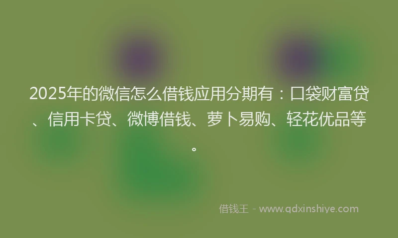2025年的微信怎么借钱应用分期有：口袋财富贷、信用卡贷、微博借钱、萝卜易购、轻花优品等。