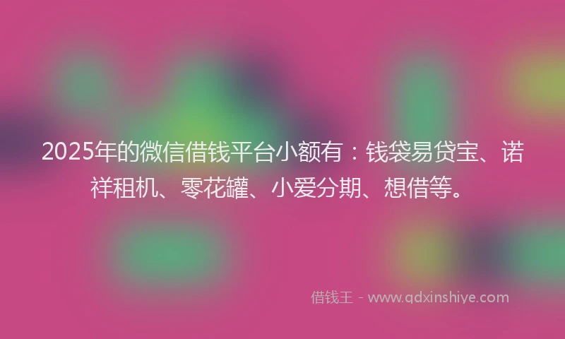 2025年的微信借钱平台小额有：钱袋易贷宝、诺祥租机、零花罐、小爱分期、想借等。
