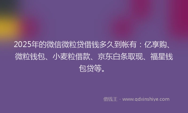 2025年的微信微粒贷借钱多久到帐有：亿享购、微粒钱包、小麦粒借款、京东白条取现、福星钱包贷等。