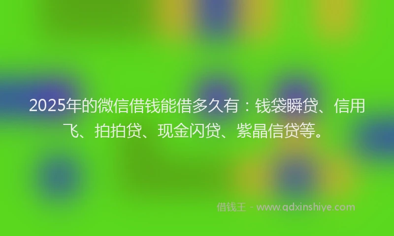 2025年的微信借钱能借多久有：钱袋瞬贷、信用飞、拍拍贷、现金闪贷、紫晶信贷等。