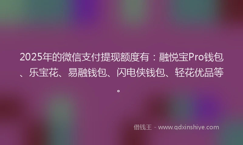 2025年的微信支付提现额度有：融悦宝Pro钱包、乐宝花、易融钱包、闪电侠钱包、轻花优品等。