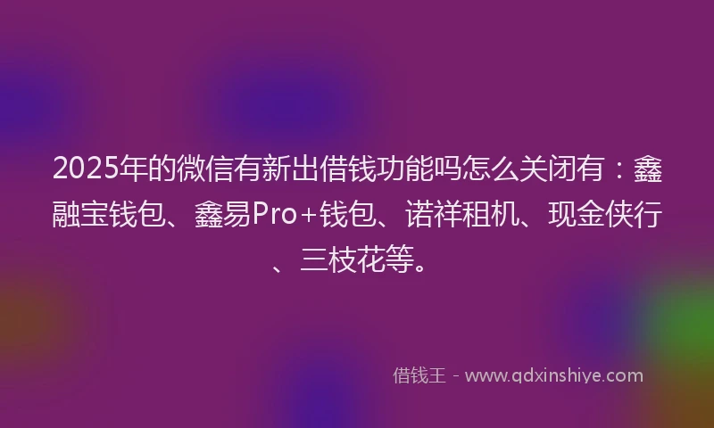 2025年的微信有新出借钱功能吗怎么关闭有：鑫融宝钱包、鑫易Pro+钱包、诺祥租机、现金侠行、三枝花等。