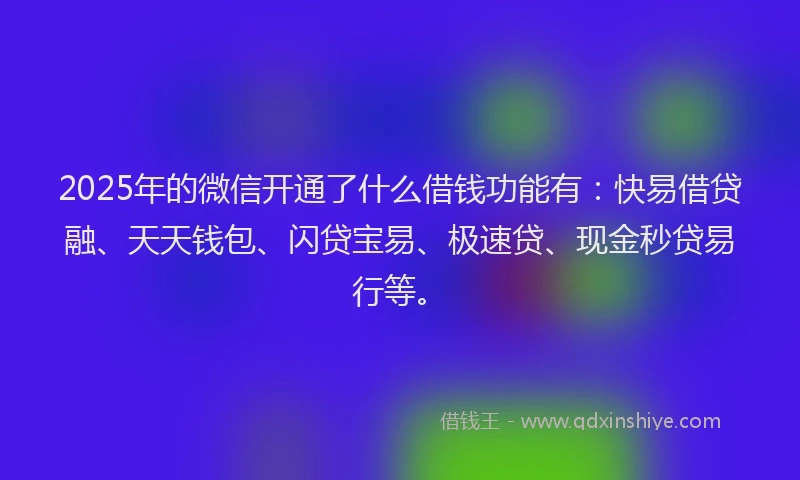 2025年的微信开通了什么借钱功能有：快易借贷融、天天钱包、闪贷宝易、极速贷、现金秒贷易行等。