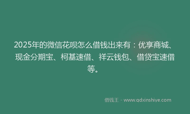2025年的微信花呗怎么借钱出来有：优享商城、现金分期宝、柯基速借、祥云钱包、借贷宝速借等。