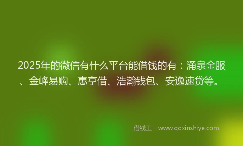 2025年的微信有什么平台能借钱的有：涌泉金服、金峰易购、惠享借、浩瀚钱包、安逸速贷等。