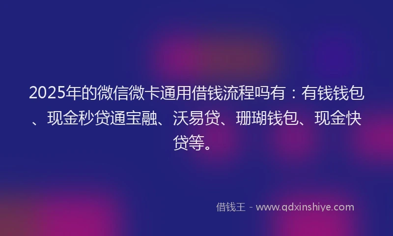 2025年的微信微卡通用借钱流程吗有：有钱钱包、现金秒贷通宝融、沃易贷、珊瑚钱包、现金快贷等。