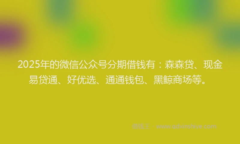 2025年的微信公众号分期借钱有：森森贷、现金易贷通、好优选、通通钱包、黑鲸商场等。