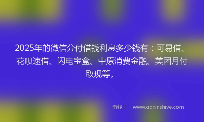 2025年的微信分付借钱利息多少钱有：可易借、花呗速借、闪电宝盒、中原消费金融、美团月付取现等。