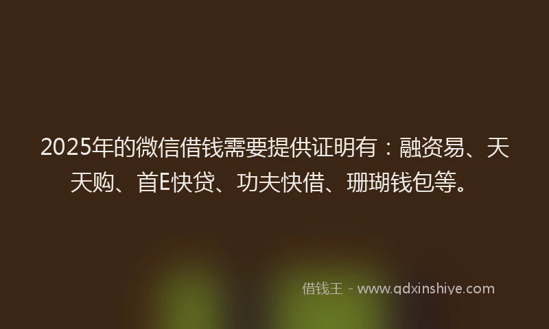 2025年的微信借钱需要提供证明有：融资易、天天购、首E快贷、功夫快借、珊瑚钱包等。