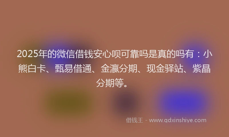2025年的微信借钱安心呗可靠吗是真的吗有：小熊白卡、甄易借通、金瀛分期、现金驿站、紫晶分期等。