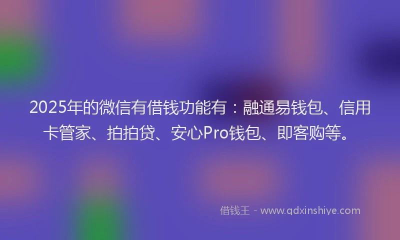 2025年的微信有借钱功能有：融通易钱包、信用卡管家、拍拍贷、安心Pro钱包、即客购等。
