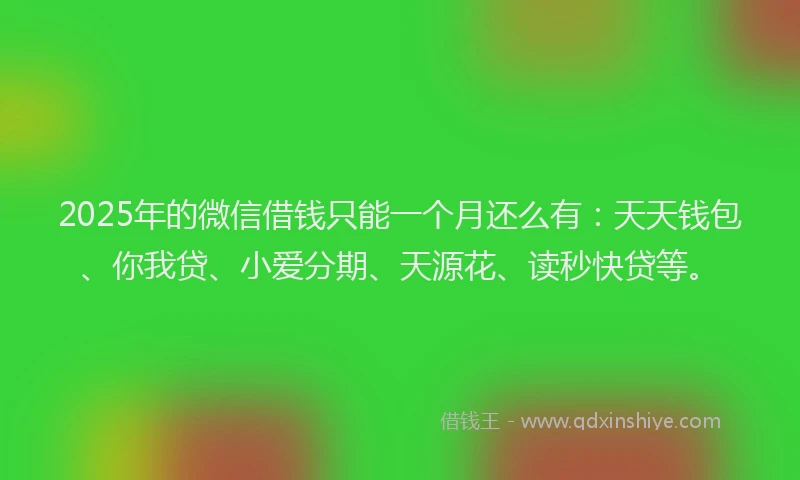 2025年的微信借钱只能一个月还么有：天天钱包、你我贷、小爱分期、天源花、读秒快贷等。