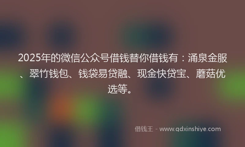 2025年的微信公众号借钱替你借钱有：涌泉金服、翠竹钱包、钱袋易贷融、现金快贷宝、蘑菇优选等。