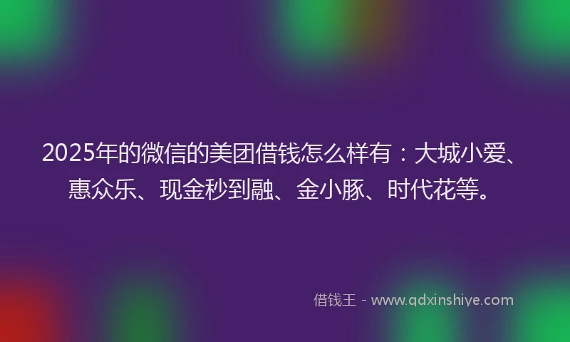 2025年的微信的美团借钱怎么样有：大城小爱、惠众乐、现金秒到融、金小豚、时代花等。