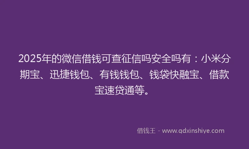 2025年的微信借钱可查征信吗安全吗有：小米分期宝、迅捷钱包、有钱钱包、钱袋快融宝、借款宝速贷通等。