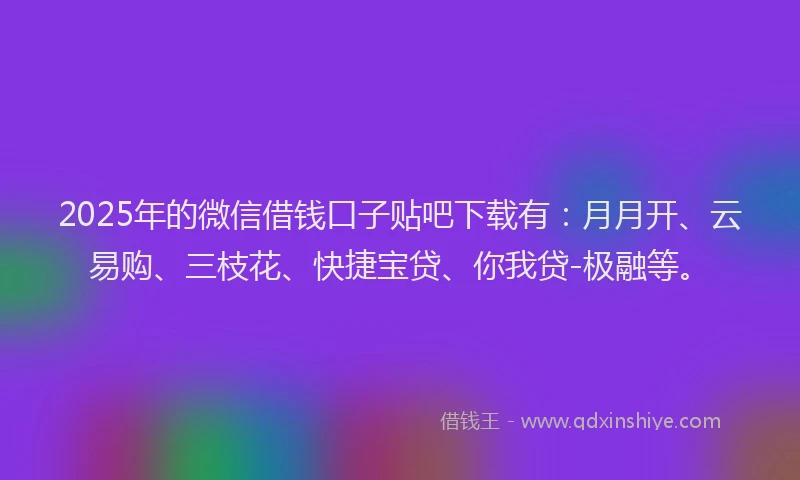 2025年的微信借钱口子贴吧下载有：月月开、云易购、三枝花、快捷宝贷、你我贷-极融等。
