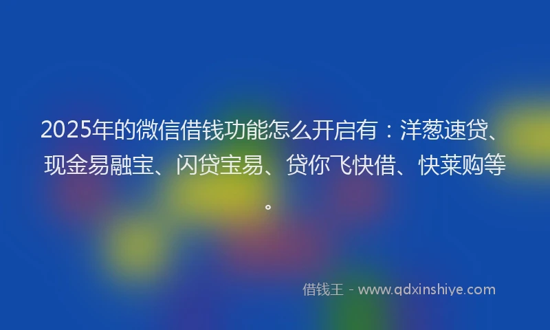 2025年的微信借钱功能怎么开启有：洋葱速贷、现金易融宝、闪贷宝易、贷你飞快借、快莱购等。