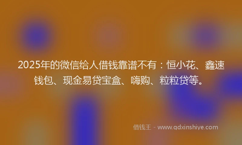 2025年的微信给人借钱靠谱不有：恒小花、鑫速钱包、现金易贷宝盒、嗨购、粒粒贷等。