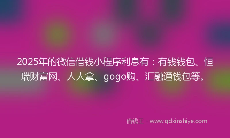 2025年的微信借钱小程序利息有：有钱钱包、恒瑞财富网、人人拿、gogo购、汇融通钱包等。