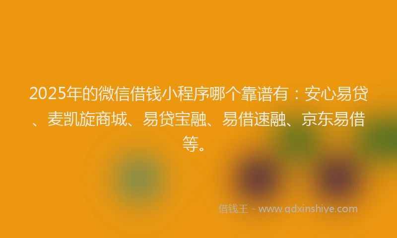 2025年的微信借钱小程序哪个靠谱有：安心易贷、麦凯旋商城、易贷宝融、易借速融、京东易借等。