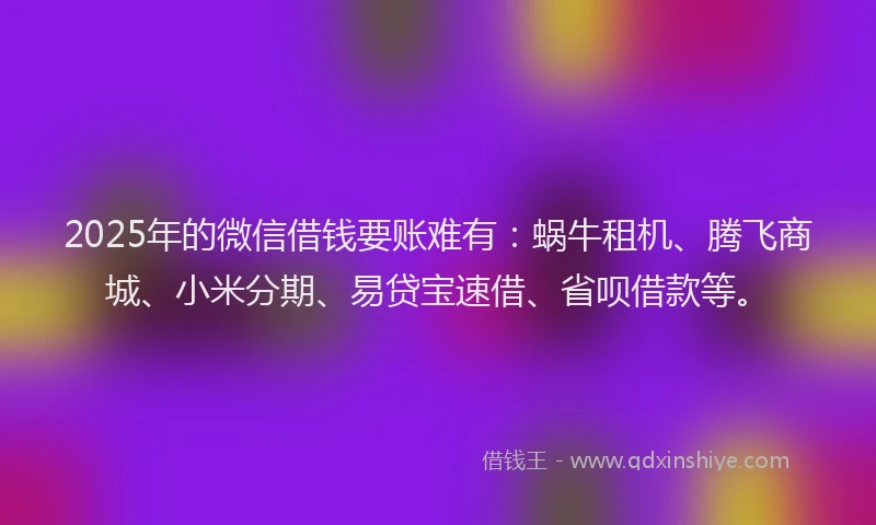 2025年的微信借钱要账难有：蜗牛租机、腾飞商城、小米分期、易贷宝速借、省呗借款等。