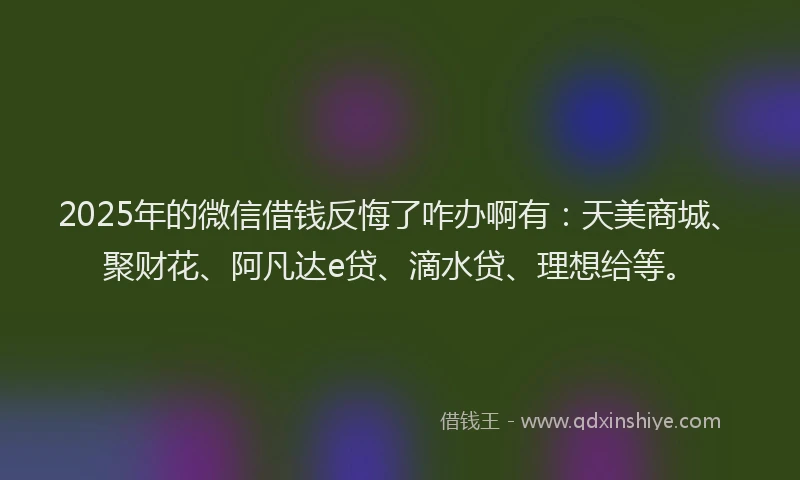 2025年的微信借钱反悔了咋办啊有：天美商城、聚财花、阿凡达e贷、滴水贷、理想给等。